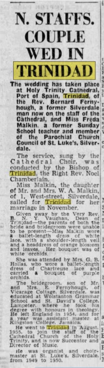 Newspaper clipping headed N. Staffs. couple wed in Trinidad