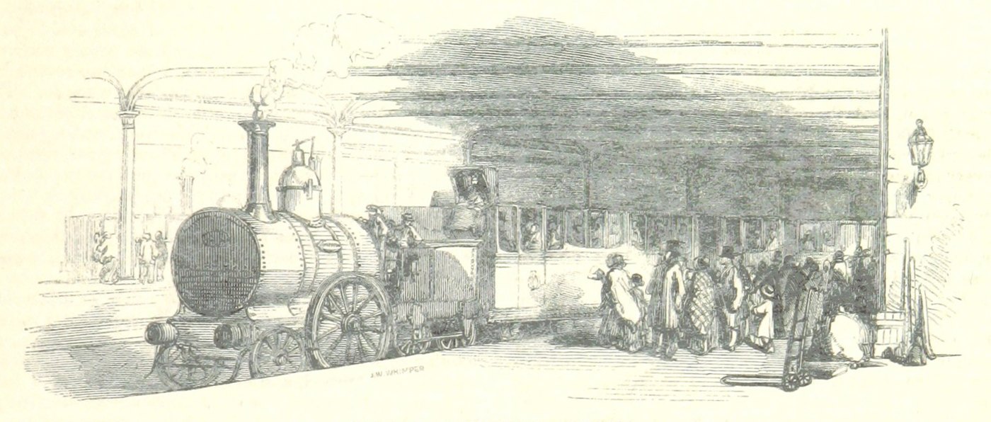 Engraving of a mid-nineteenth-century Eastern Counties Railway train at Bishopsgate station