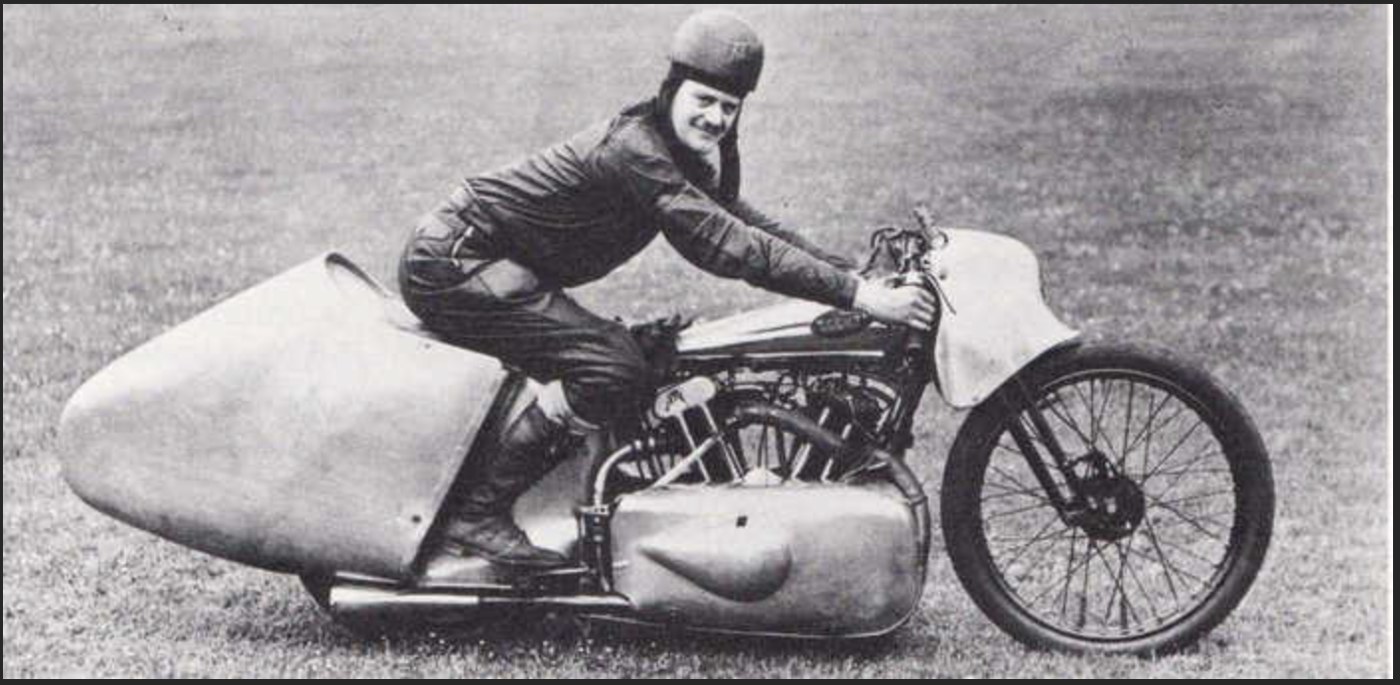 Eric Fernihough seated on a streamlined record-breaking motorcycle