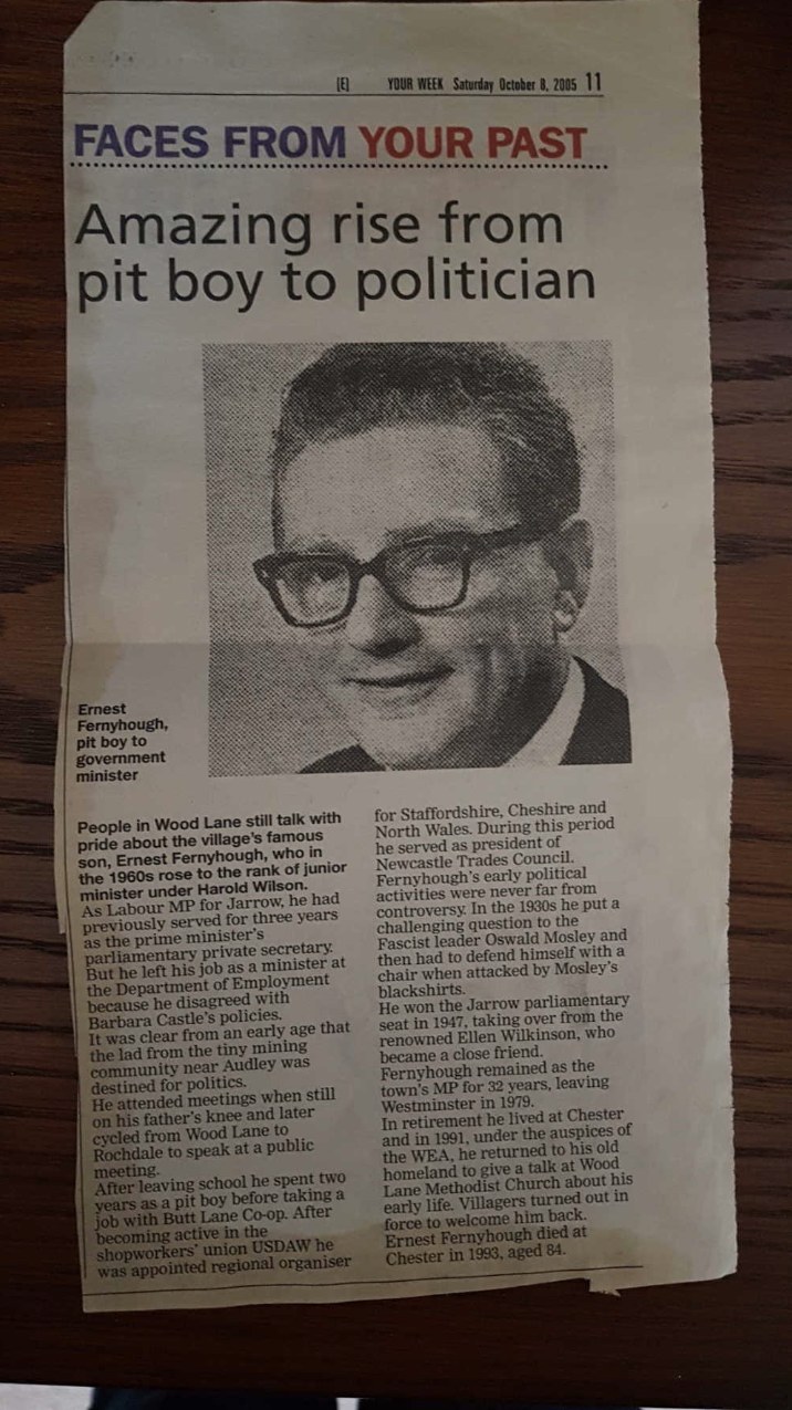 Newspaper clipping headed Amazing rise from pit boy to politician, about Ernest Fernyhough